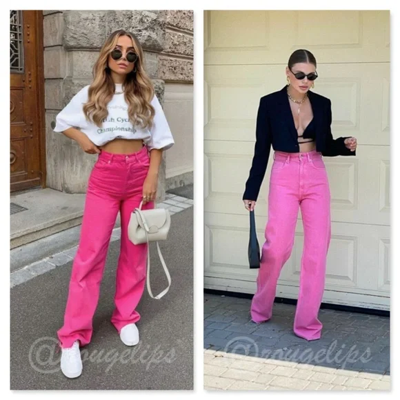 90s Style Pink Wide Leg Jeans High Waist Raw Hem - Picture 8 of 14